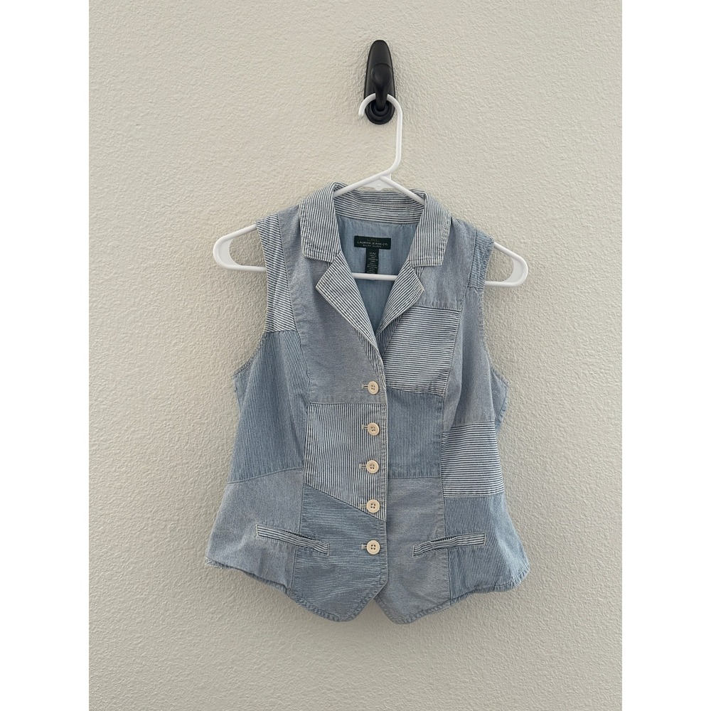 Lauren Ralph Lauren Patchwork Denim Vest Womens Medium Blue Striped Chambray